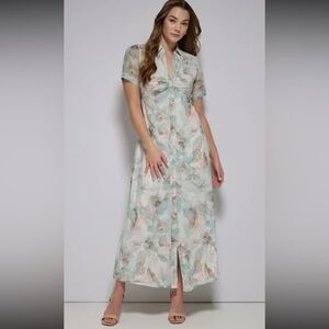 Calvin Klein Maxi Chiffon shirtdress pastel size 14 NWOT